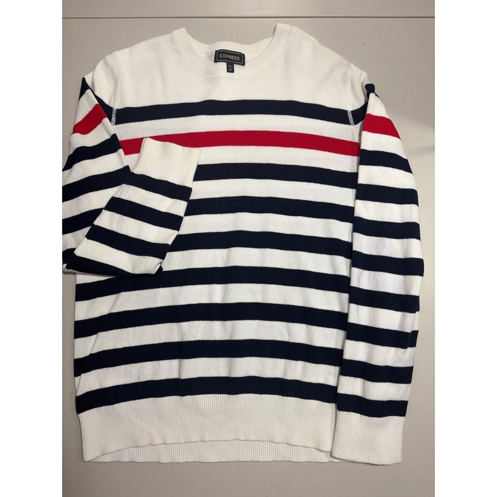 Express Womens Striped Crew Neck Sweater White Navy Red Cotton Knit Size M